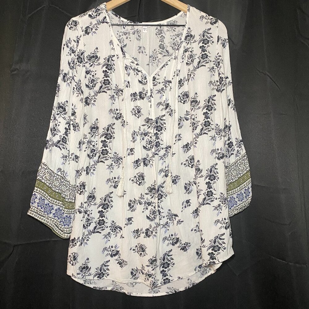 Sonoma Goods for Life Tie Neck Blouse Womens L Blue Green Floral Boho Festival